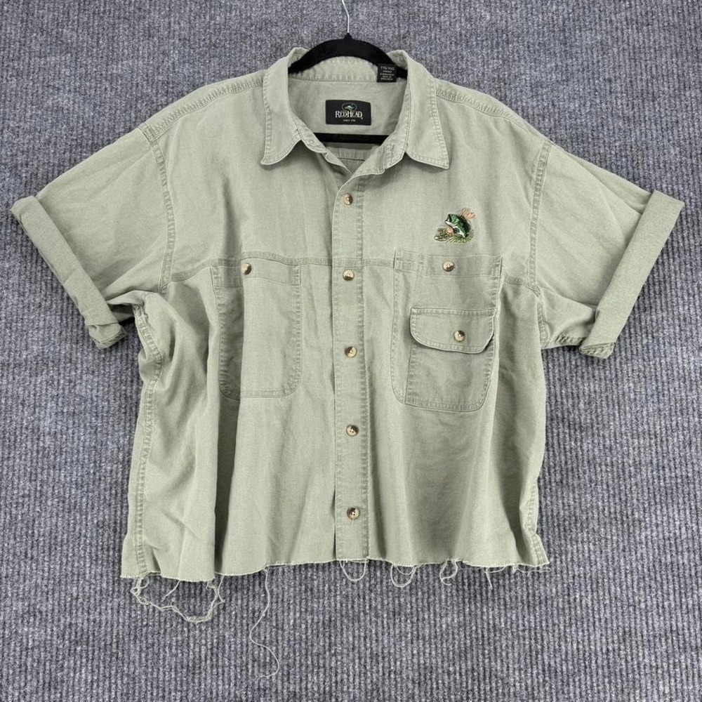 Vintage RedHead cropped fishing shirt men's 2XL sage green boxy grunge outdoors